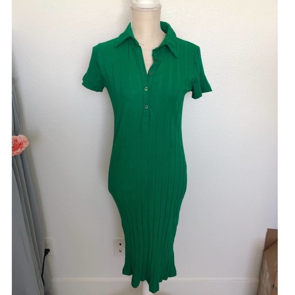 Monrow Green Flat Ribbed 94% Cotton Shortsleeve Form Fitting Collar Polo Dress M - Picture 6 of 16